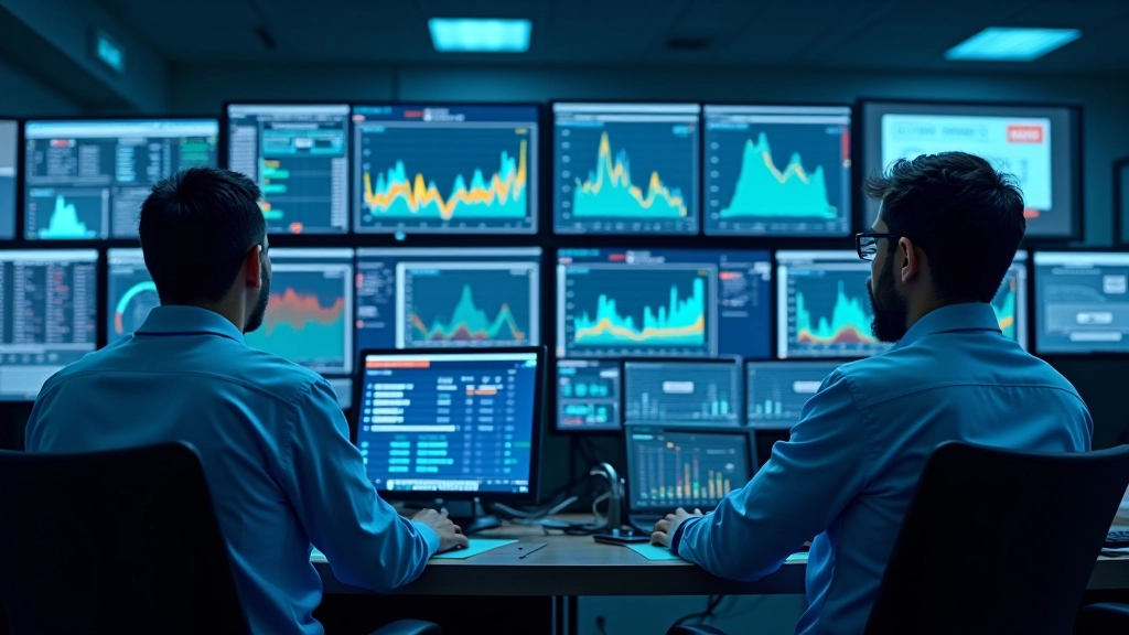 Centro de control industrial con pantallas de monitoreo mostrando datos en tiempo real