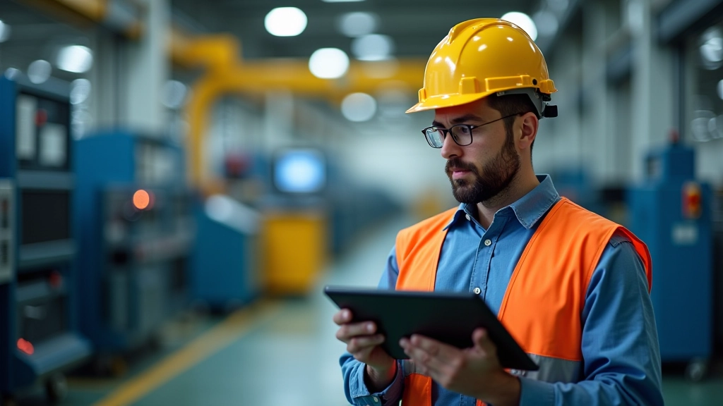 Ingeniero revisando máquinas en fábrica con tablet mostrando métricas de rendimiento