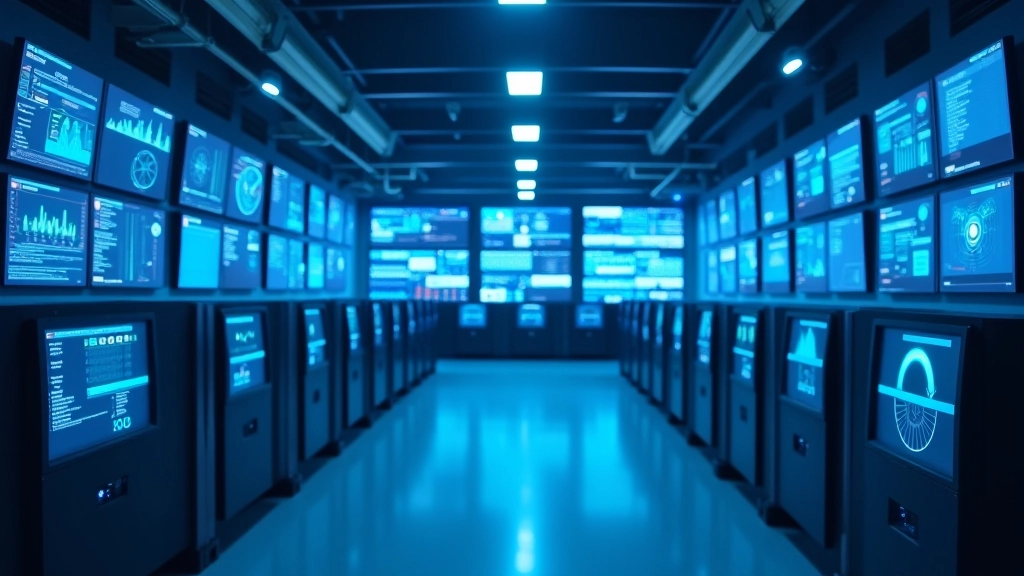 Centro de control industrial avanzado con pantallas de monitoreo en tiempo real mostrando datos de máquinas